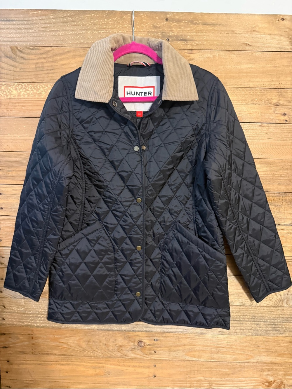 Hunter Quilted Black Puffer Jacket with Tan Corduroy Collar